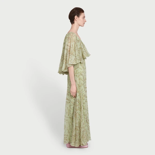 Giambattista Valli Midi Wild Flowers Green Silk Dress With Cape - Giambattista Valli Dresses - Romantic Couture - Shop at Coveti
