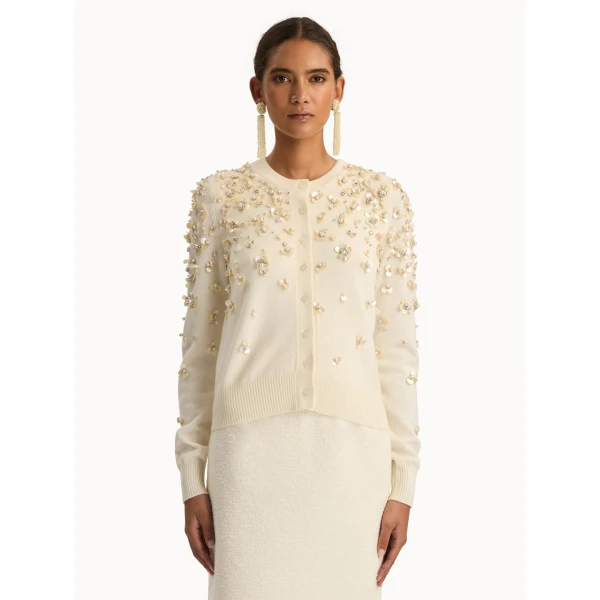Oscar de la Renta Mother of Pearl Embroidered Cardigan - Oscar de la Renta Knitwear - American Couture - Shop at Coveti