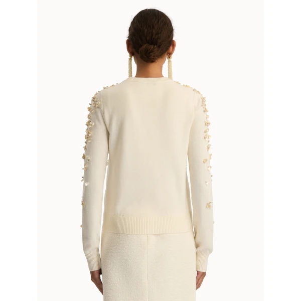 Oscar de la Renta Mother of Pearl Embroidered Cardigan - Oscar de la Renta Knitwear - American Couture - Shop at Coveti