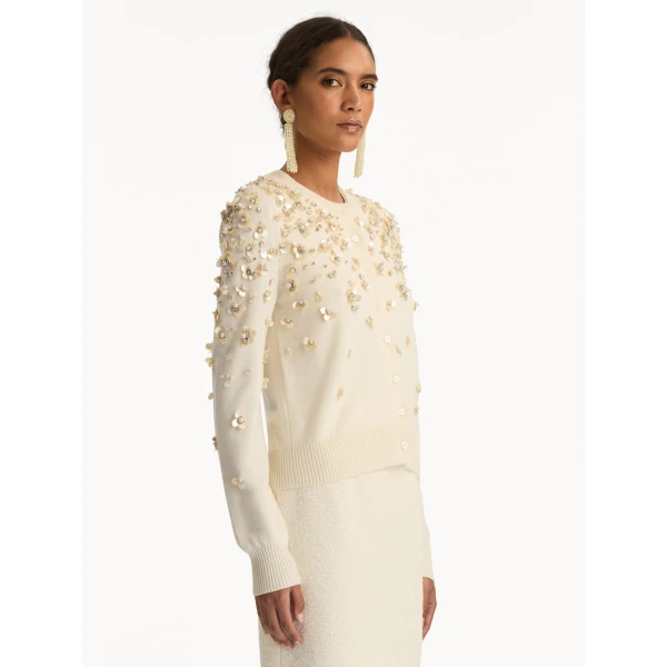 Oscar de la Renta Mother of Pearl Embroidered Cardigan - Oscar de la Renta Knitwear - American Couture - Shop at Coveti