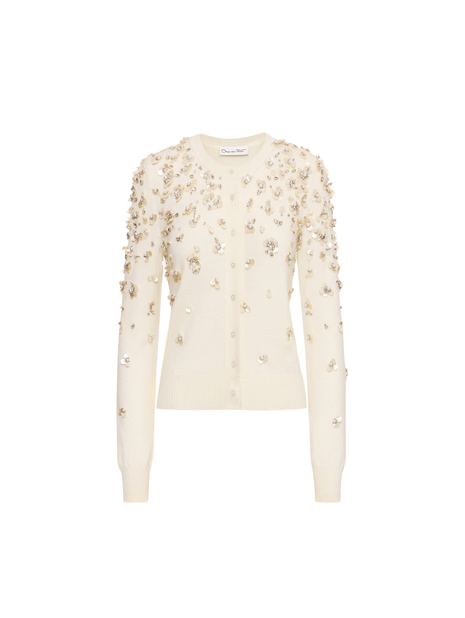 Oscar de la Renta Mother of Pearl Embroidered Cardigan - Oscar de la Renta Knitwear - American Couture - Shop at Coveti