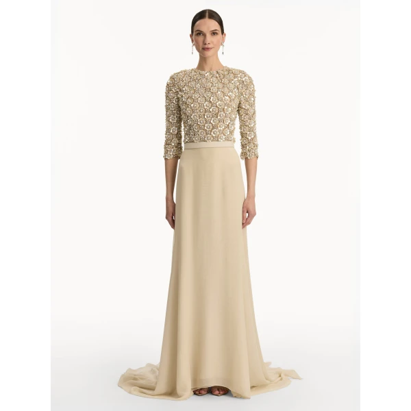 Oscar de la Renta Mother of Pearl Embroidered Gown - Oscar de la Renta Dresses - American Couture - Shop at Coveti