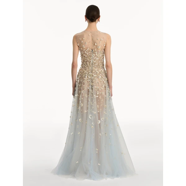 Oscar de la Renta Mother of Pearl Embroidered Illusion Gown - Oscar de la Renta Dresses - American Couture - Shop at Coveti