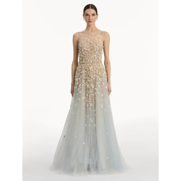 Oscar de la Renta Mother of Pearl Embroidered Illusion Gown - Oscar de la Renta Dresses - American Couture - Shop at Coveti