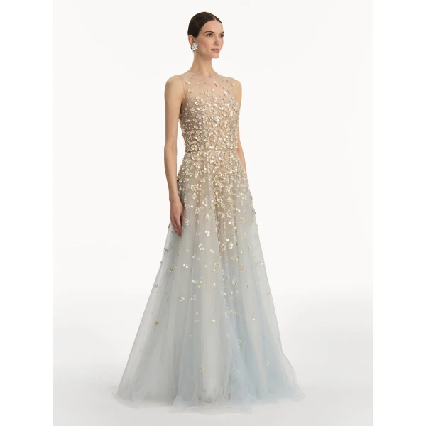 Oscar de la Renta Mother of Pearl Embroidered Illusion Gown - Oscar de la Renta Dresses - American Couture - Shop at Coveti