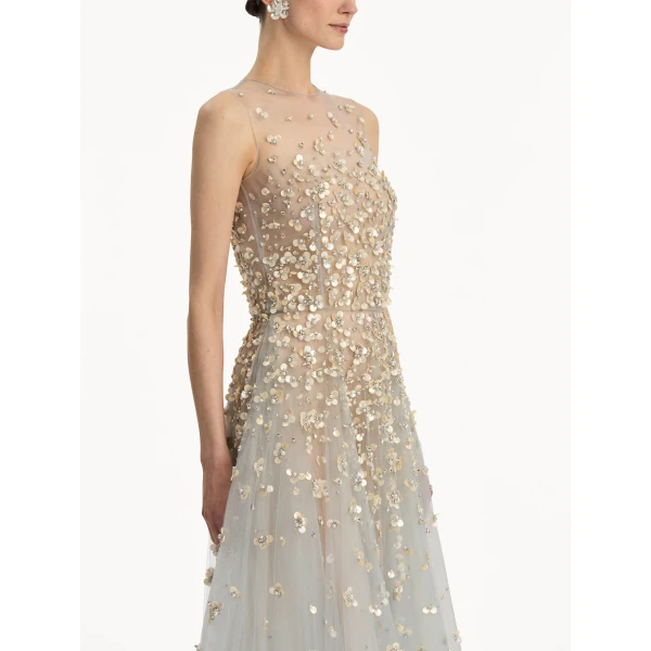 Oscar de la Renta Mother of Pearl Embroidered Illusion Gown - Oscar de la Renta Dresses - American Couture - Shop at Coveti