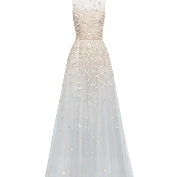Oscar de la Renta Mother of Pearl Embroidered Illusion Gown - Oscar de la Renta Dresses - American Couture - Shop at Coveti