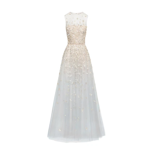 Oscar de la Renta Mother of Pearl Embroidered Illusion Gown - Oscar de la Renta Dresses - American Couture - Shop at Coveti