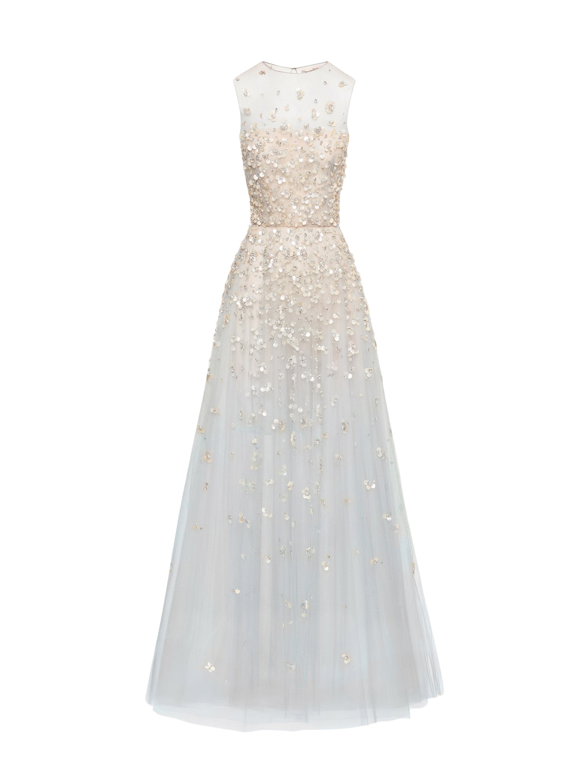 Oscar de la Renta Mother of Pearl Embroidered Illusion Gown