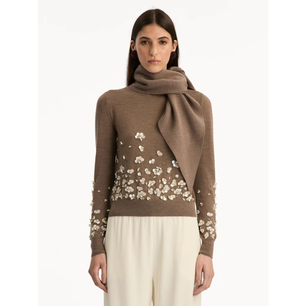Oscar de la Renta Mother of Pearl Embroidered Pullover with Scarf - Oscar de la Renta Knitwear - American Couture - Shop at Coveti