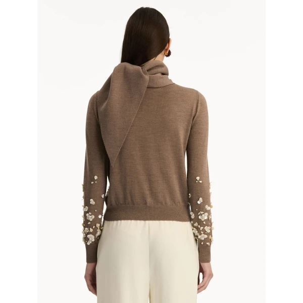 Oscar de la Renta Mother of Pearl Embroidered Pullover with Scarf - Oscar de la Renta Knitwear - American Couture - Shop at Coveti