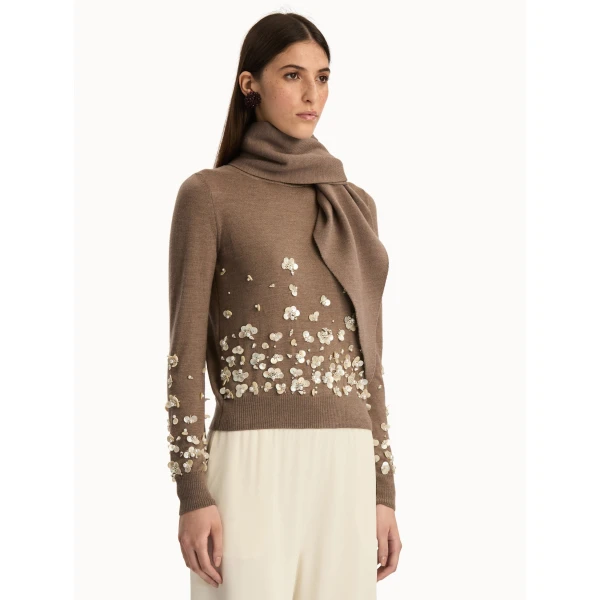 Oscar de la Renta Mother of Pearl Embroidered Pullover with Scarf - Oscar de la Renta Knitwear - American Couture - Shop at Coveti