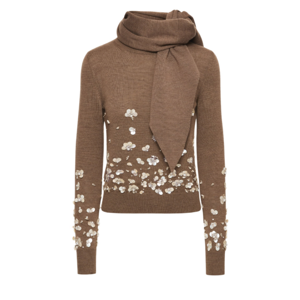 Oscar de la Renta Mother of Pearl Embroidered Pullover with Scarf - Oscar de la Renta Knitwear - American Couture - Shop at Coveti