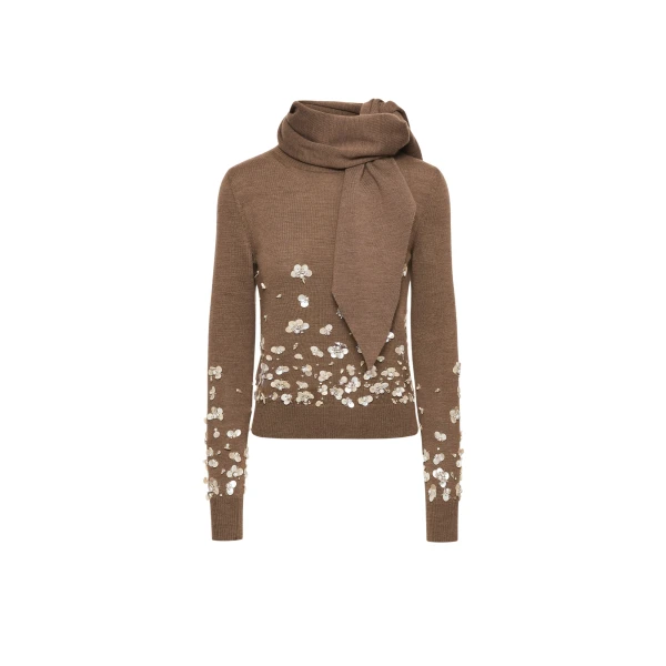 Oscar de la Renta Mother of Pearl Embroidered Pullover with Scarf - Oscar de la Renta Knitwear - American Couture - Shop at Coveti