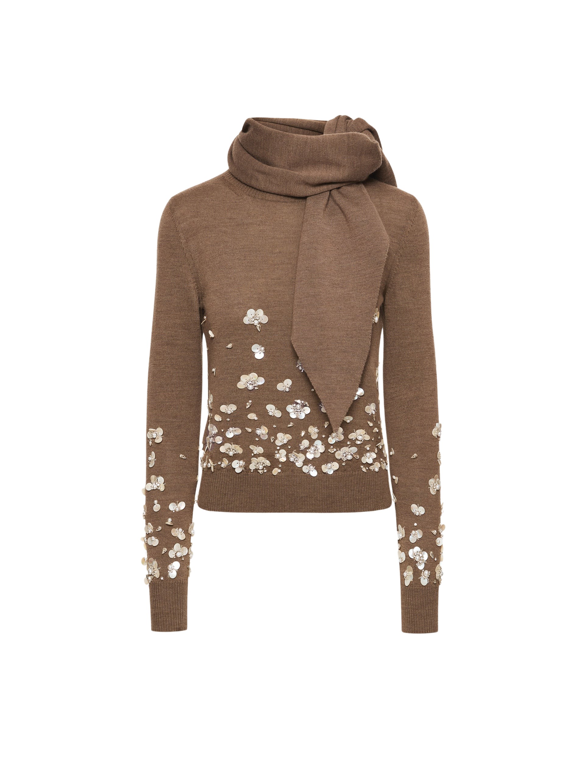 Oscar de la Renta Mother of Pearl Embroidered Pullover with Scarf - Oscar de la Renta Knitwear - American Couture - Shop at Coveti