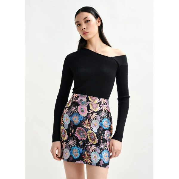 Essentiel Antwerp Multicolor floral jacquard mini skirt with sequin and bead embellishments, view 5