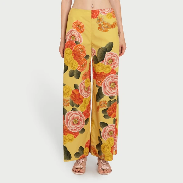 Giambattista Valli Mustard Blossoms Poplin Wide-Leg Pants - Giambattista Valli Pants - Romantic Couture - Shop at Coveti