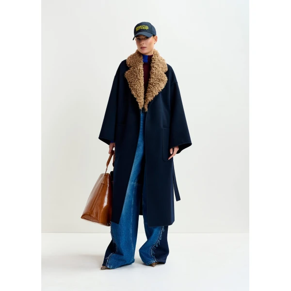 Essentiel Antwerp Navy and brown wool belted coat with detachable faux fur collar, view 2