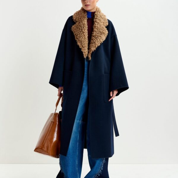 Essentiel Antwerp Navy and brown wool belted coat with detachable faux fur collar - Essentiel Antwerp Coats - Colorful Belgian Design - Shop at Coveti