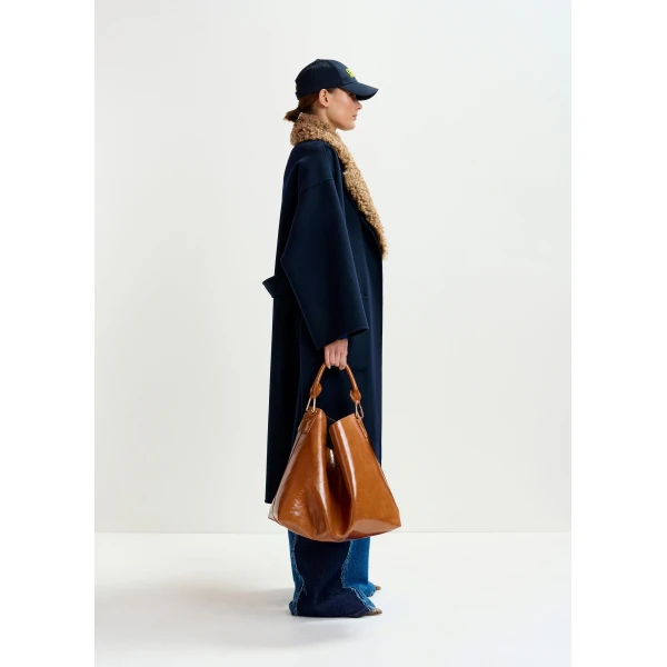 Essentiel Antwerp Navy and brown wool belted coat with detachable faux fur collar, view 3