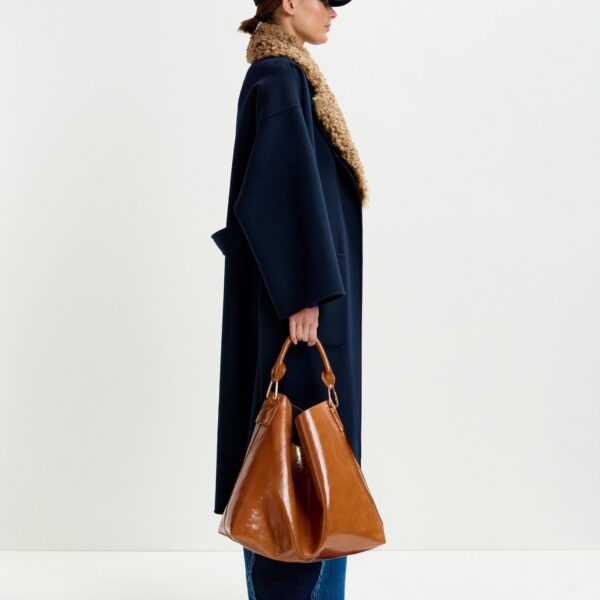 Essentiel Antwerp Navy and brown wool belted coat with detachable faux fur collar - Essentiel Antwerp Coats - Colorful Belgian Design - Shop at Coveti