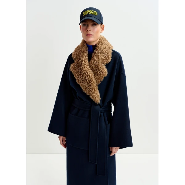 Essentiel Antwerp Navy and brown wool belted coat with detachable faux fur collar, view 4