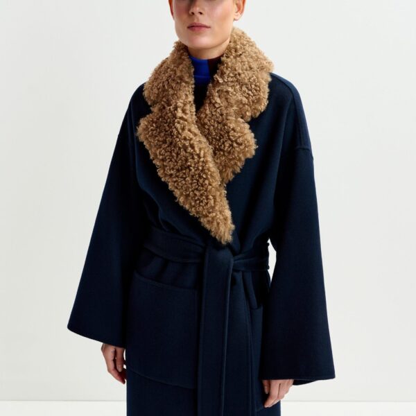 Essentiel Antwerp Navy and brown wool belted coat with detachable faux fur collar - Essentiel Antwerp Coats - Colorful Belgian Design - Shop at Coveti