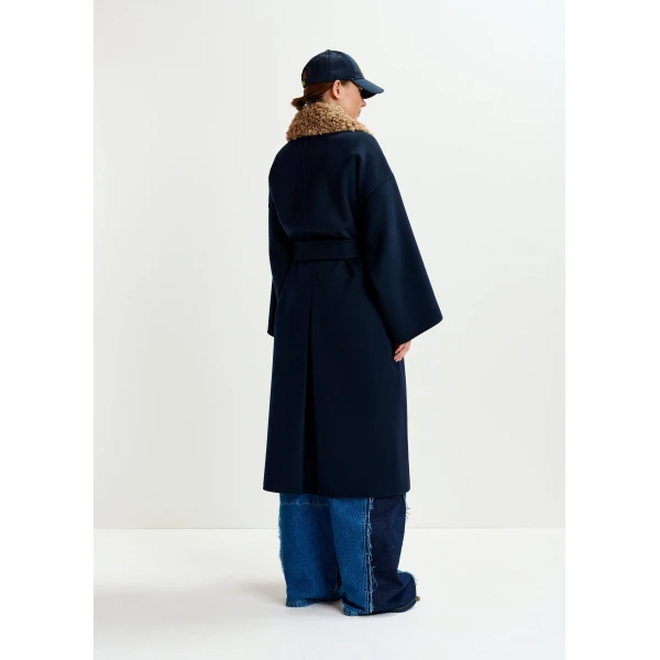 Essentiel Antwerp Navy and brown wool belted coat with detachable faux fur collar, view 5
