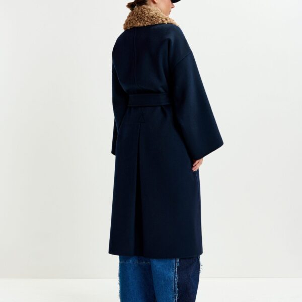 Essentiel Antwerp Navy and brown wool belted coat with detachable faux fur collar - Essentiel Antwerp Coats - Colorful Belgian Design - Shop at Coveti