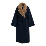 Essentiel Antwerp Navy and brown wool belted coat with detachable faux fur collar - Essentiel Antwerp Coats - Colorful Belgian Design - Shop at Coveti