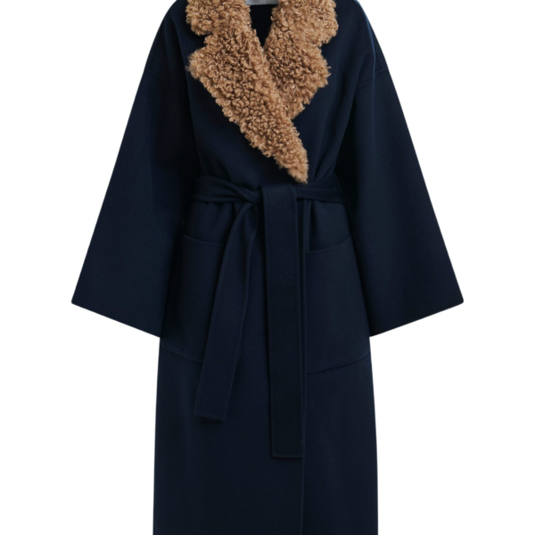 Essentiel Antwerp Navy and brown wool belted coat with detachable faux fur collar - Essentiel Antwerp Coats - Colorful Belgian Design - Shop at Coveti