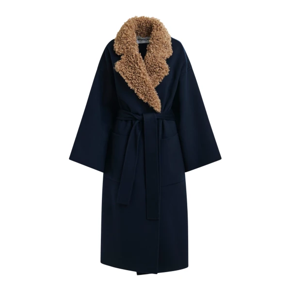 Essentiel Antwerp Navy and brown wool belted coat with detachable faux fur collar - Essentiel Antwerp Coats - Colorful Belgian Design - Shop at Coveti