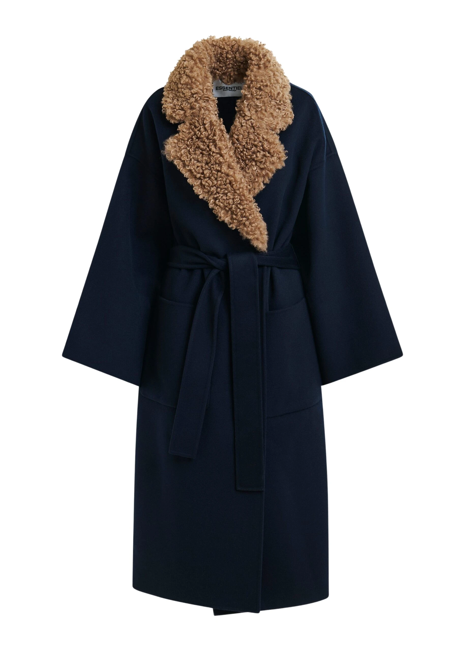 Navy-and-brown-wool-belted-coat-with-detachable-faux-fur-collar-Essentiel-Antwerp-Coats-scaled23553_nobg Essentiel Antwerp Navy and brown wool belted coat with detachable faux fur collar - Essentiel Antwerp Coats - Colorful Belgian Design - Shop at Coveti