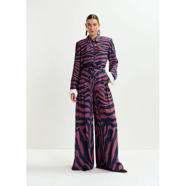 Essentiel Antwerp Navy and dark pink zebra-print wide-leg pants, view 2