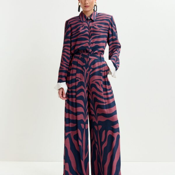 Essentiel Antwerp Navy and dark pink zebra-print wide-leg pants - Essentiel Antwerp Pants - Colorful Belgian Design - Shop at Coveti