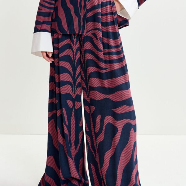 Essentiel Antwerp Navy and dark pink zebra-print wide-leg pants - Essentiel Antwerp Pants - Colorful Belgian Design - Shop at Coveti