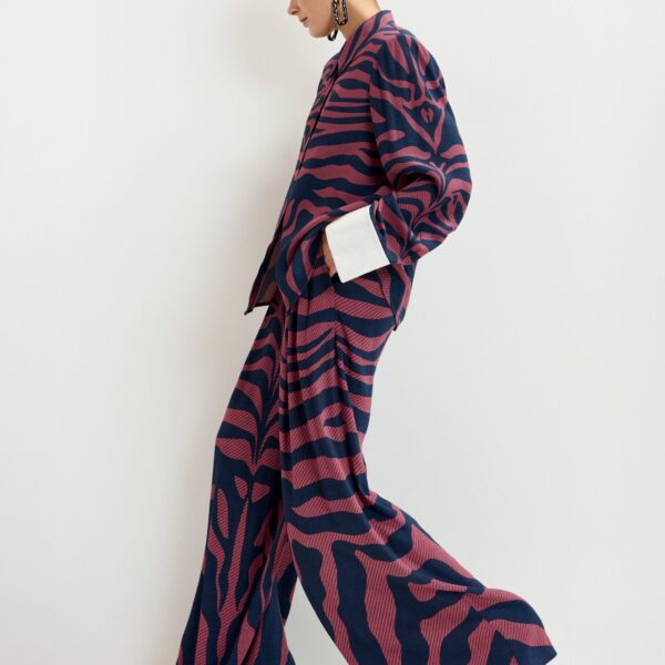 Essentiel Antwerp Navy and dark pink zebra-print wide-leg pants - Essentiel Antwerp Pants - Colorful Belgian Design - Shop at Coveti