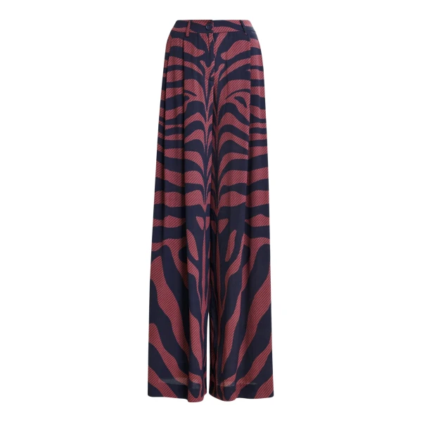Essentiel Antwerp Navy and dark pink zebra-print wide-leg pants - Essentiel Antwerp Pants - Colorful Belgian Design - Shop at Coveti