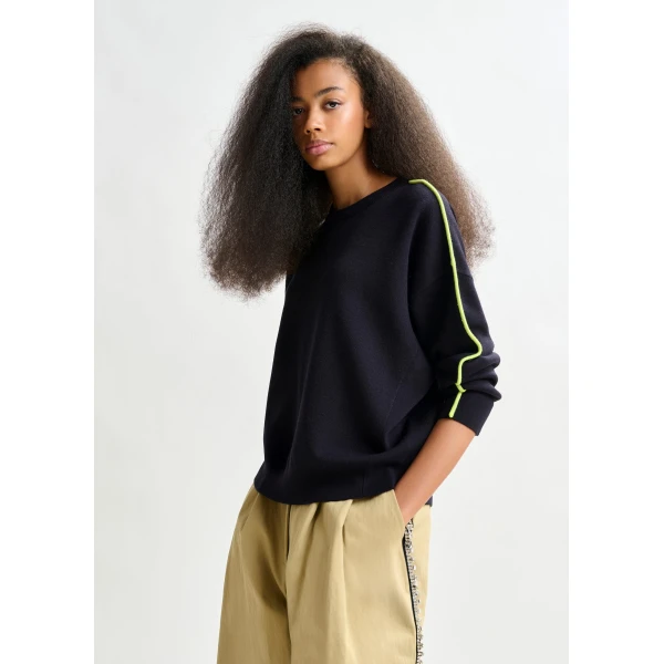 Essentiel Antwerp Navy and green knitted sweater with fitted waist, view 3