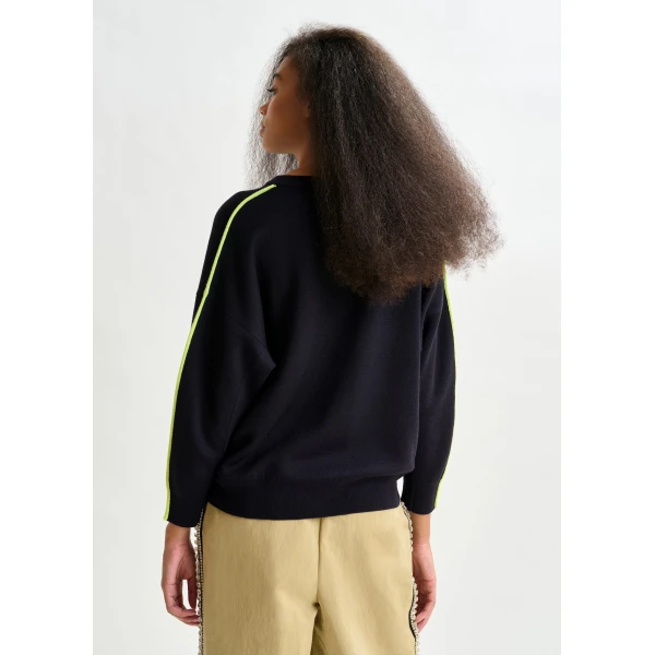 Essentiel Antwerp Navy and green knitted sweater with fitted waist, view 4