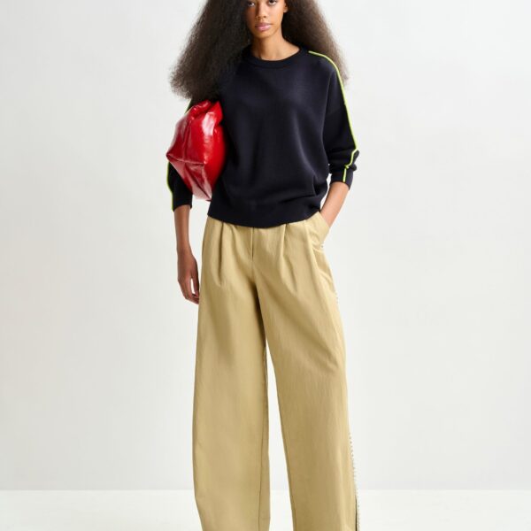 Essentiel Antwerp Navy and green knitted sweater with fitted waist - Essentiel Antwerp Knitwear - Colorful Belgian Design - Shop at Coveti
