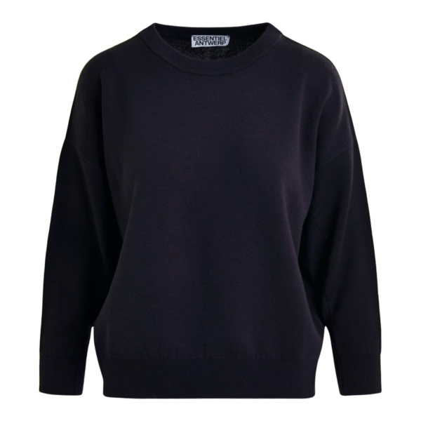 Essentiel Antwerp Navy and green knitted sweater with fitted waist - Essentiel Antwerp Knitwear - Colorful Belgian Design - Shop at Coveti