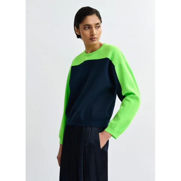 Essentiel Antwerp Navy and green two-tone knit sweater, view 2