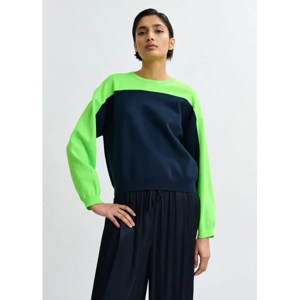 Essentiel Antwerp Navy and green two-tone knit sweater, view 3