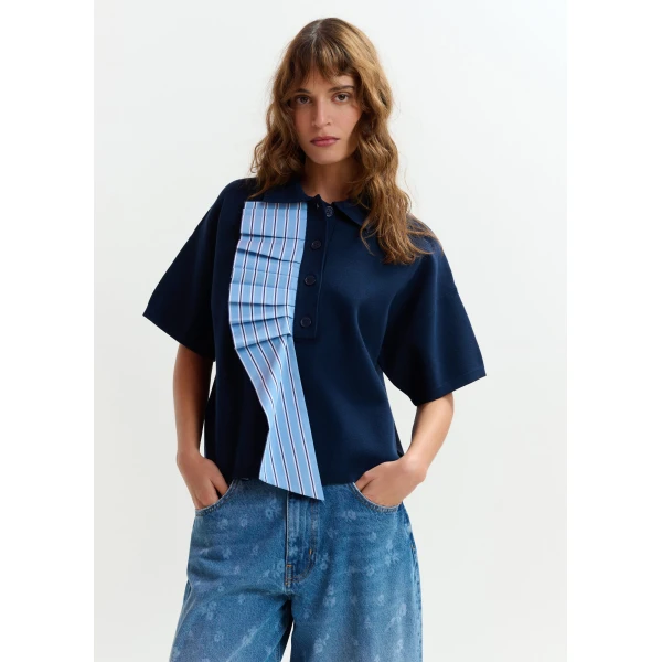Essentiel Antwerp Navy and light blue ruffle fine-knit polo top, view 2