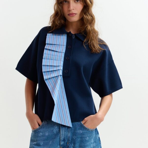 Essentiel Antwerp Navy and light blue ruffle fine-knit polo top - Essentiel Antwerp Tops - Colorful Belgian Design - Shop at Coveti