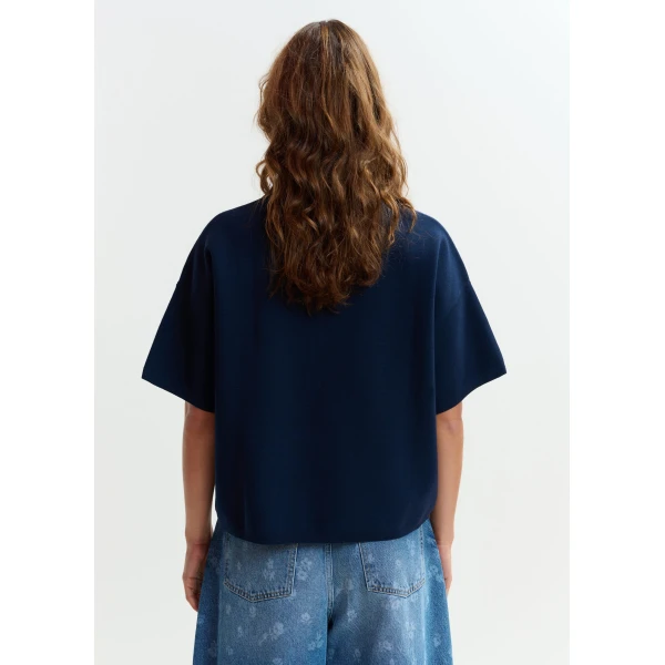 Essentiel Antwerp Navy and light blue ruffle fine-knit polo top, view 4