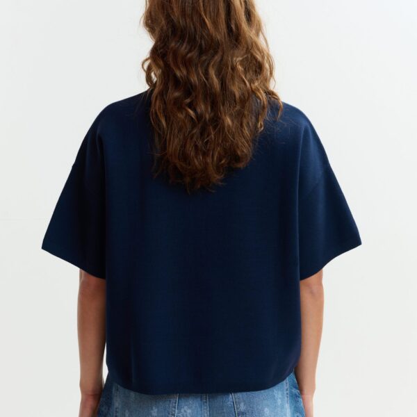 Essentiel Antwerp Navy and light blue ruffle fine-knit polo top - Essentiel Antwerp Tops - Colorful Belgian Design - Shop at Coveti