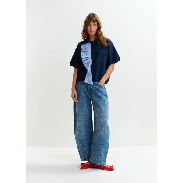 Essentiel Antwerp Navy and light blue ruffle fine-knit polo top, view 5