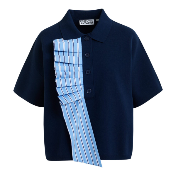 Essentiel Antwerp Navy and light blue ruffle fine-knit polo top - Essentiel Antwerp Tops - Colorful Belgian Design - Shop at Coveti